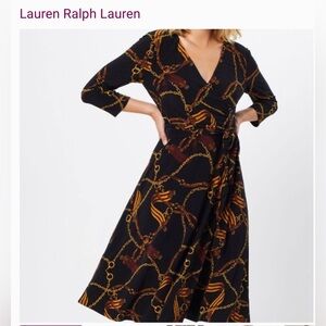 Lauren Ralph Lauren Black Wrap Dress with Gold and Brown Chain Print